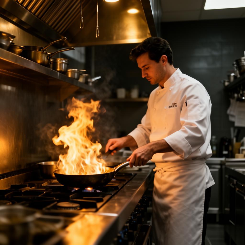 Head chef cooking over flames in a professional kitchen